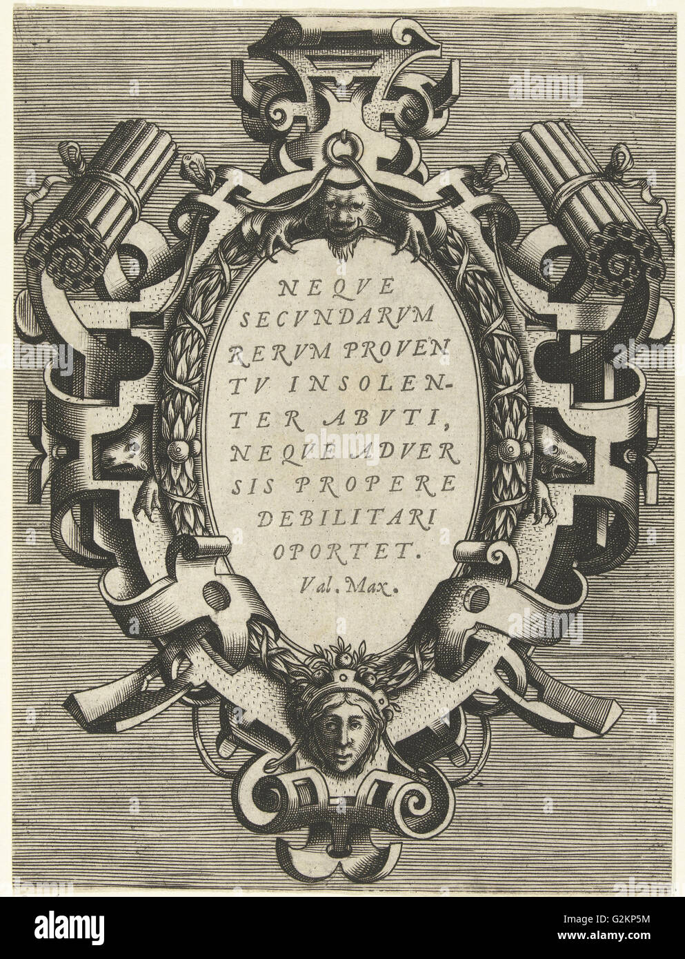Ovale Kartusche mit einem Zitat von Valerius Maximus, print-Hersteller: Frans Huys, Hans Vredeman de Vries, Gerard de Jode, 1555 Stockfoto