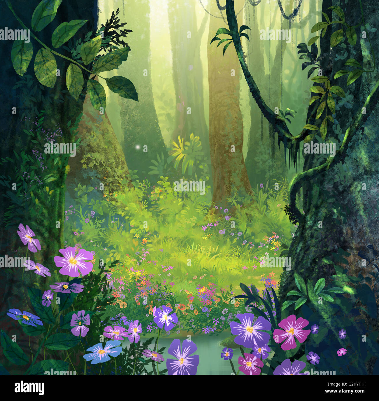 die Illustration Fantasy Wald Hintergrund malen Stockfoto