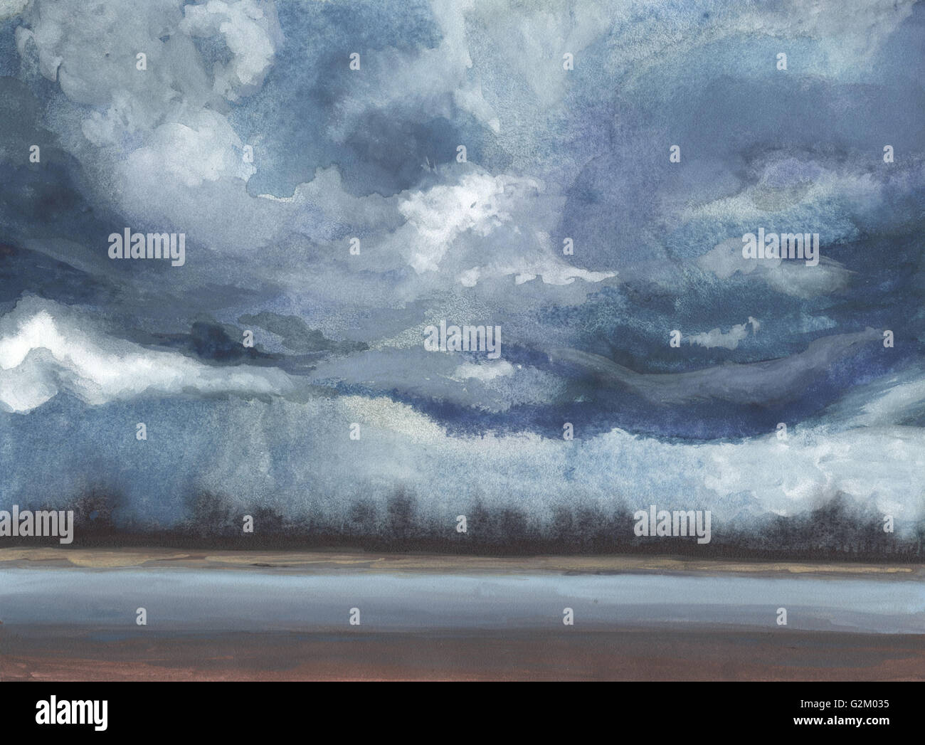 Dramatischer Himmel. Dunkle Wolken. Regnerischen Abend am Meeresufer. Aquarellmalerei. Exzellente Malerei. Zeichnung aus der Natur. Stockfoto