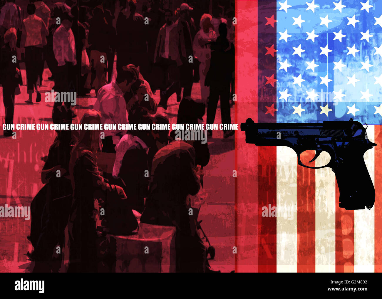 Überfüllte Straße, amerikanische Flagge, Waffe und Schild 'Waffenkriminalität" Stockfoto