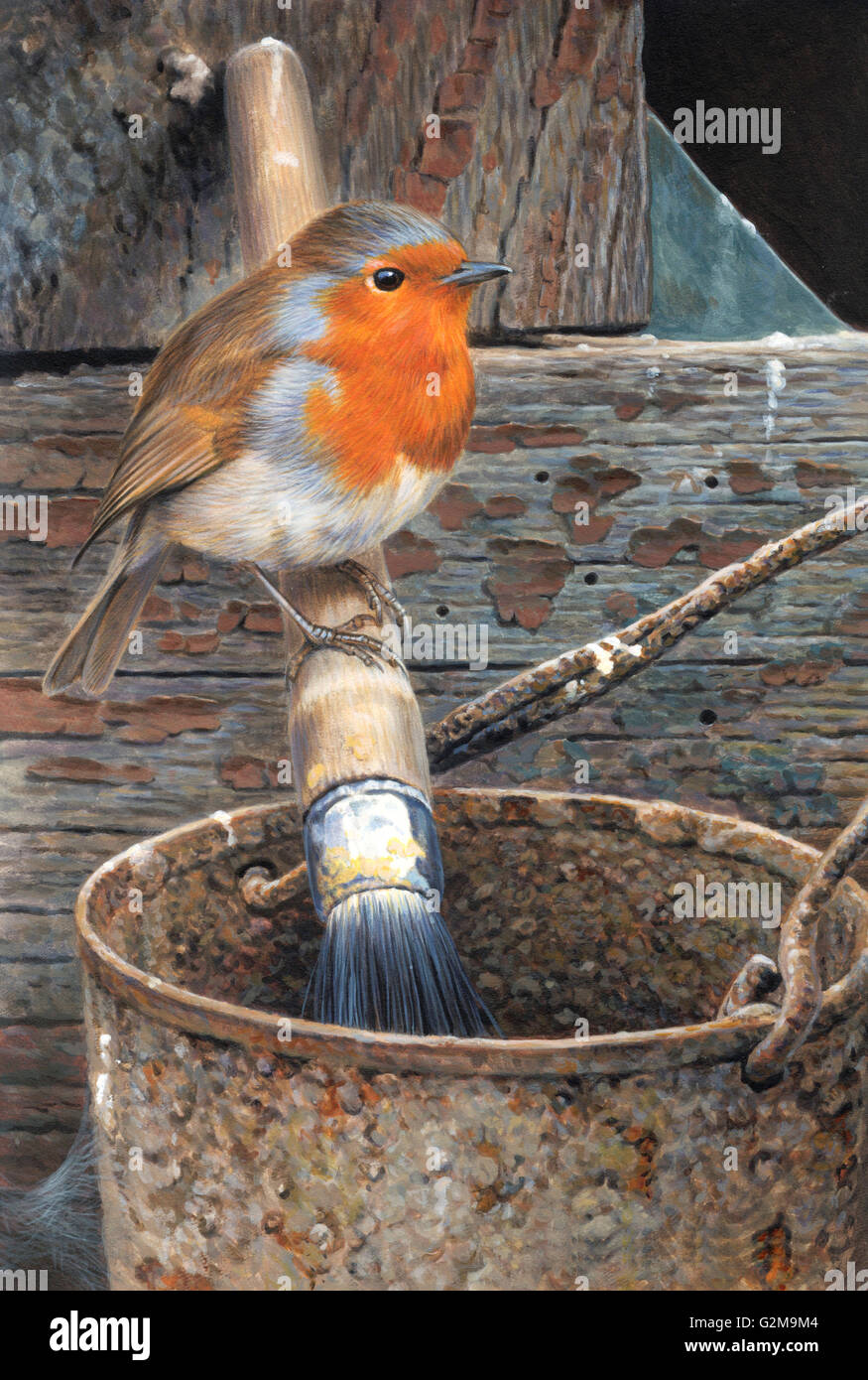 Robin hocken auf Malerei Pinsel, Wetter Holz im Hintergrund Stockfoto