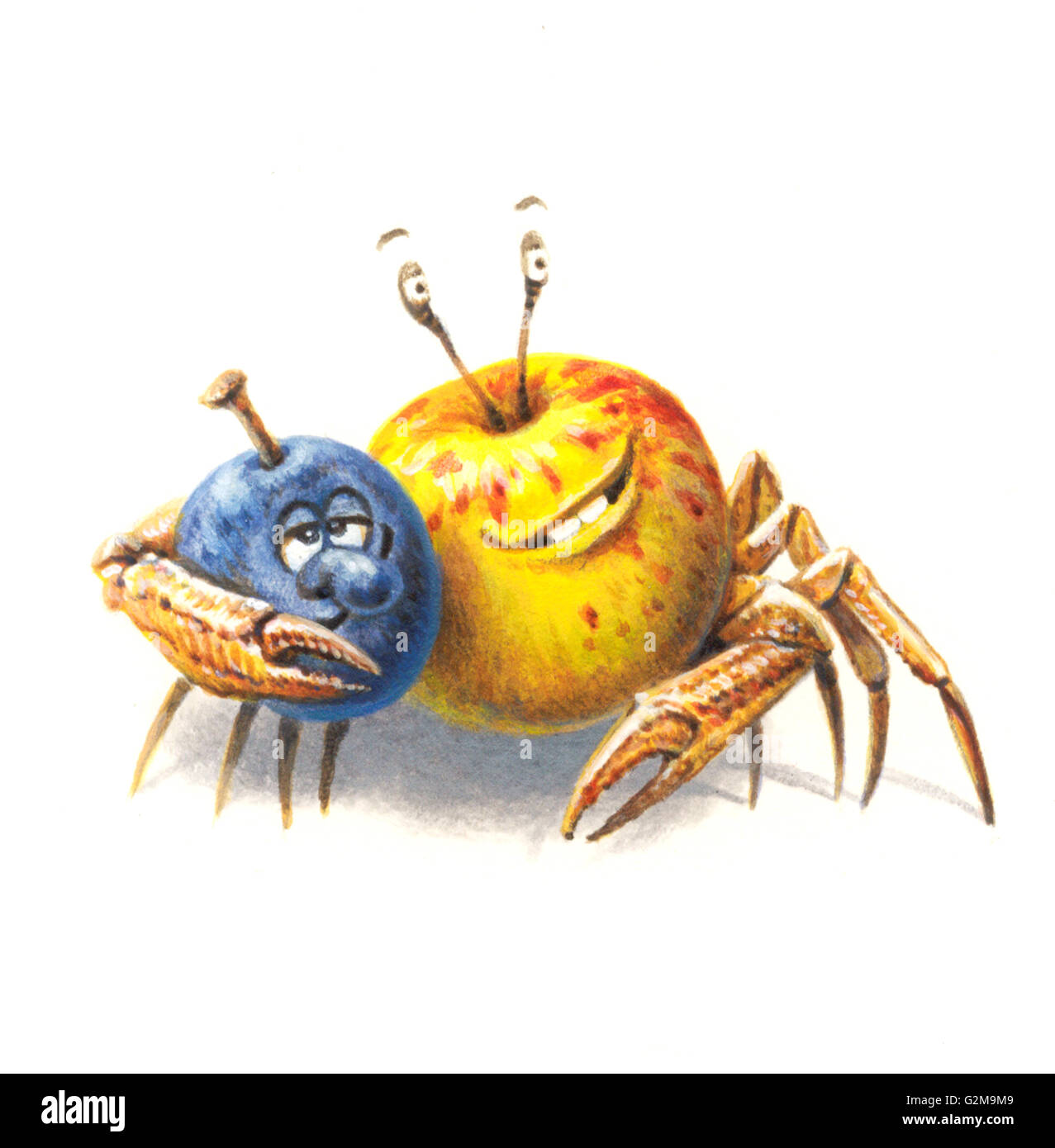 Anthropomorphe Bild von Apfel, Pflaume und Krabben auf weißem Hintergrund Stockfoto