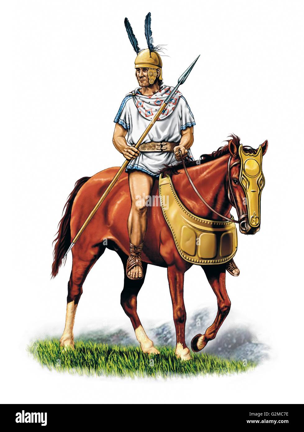 Römischer Krieger mit Lane auf Pferd Stockfoto
