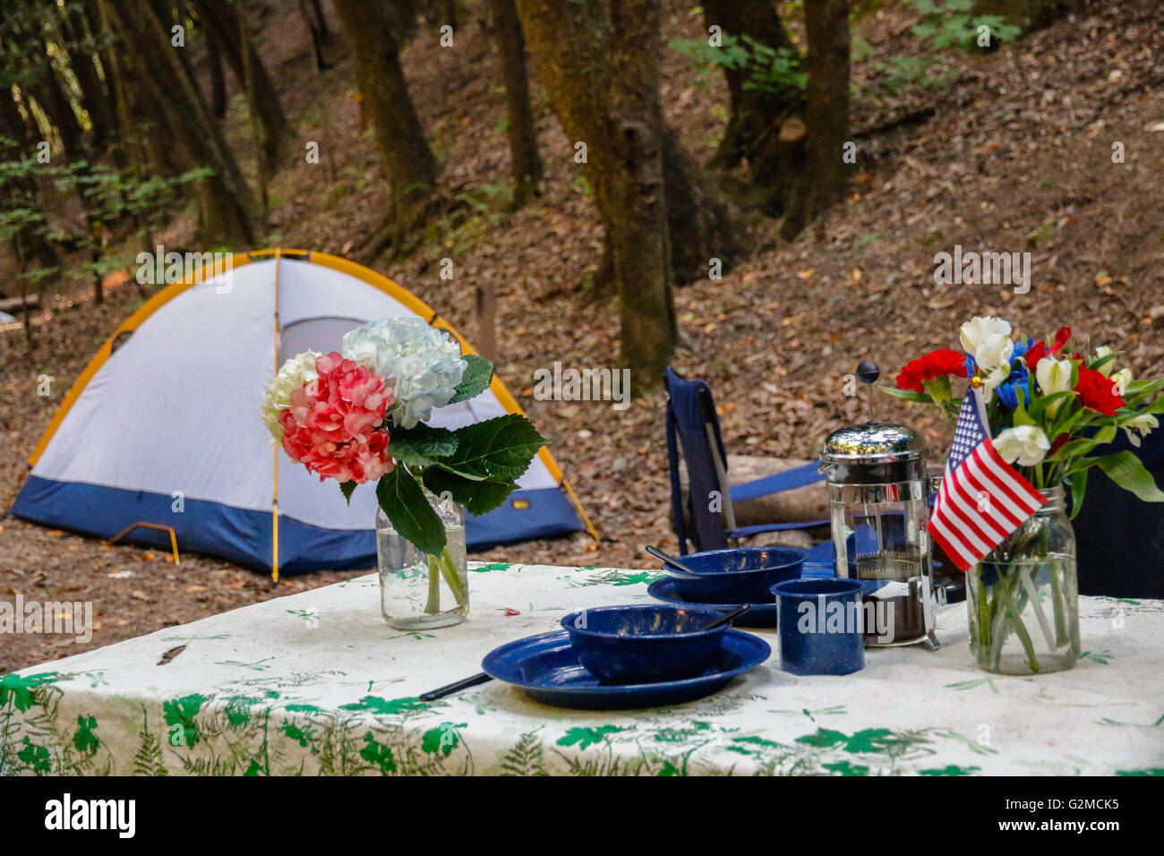 Tisch für camping mit amerikanischen Flaggen Stockfoto