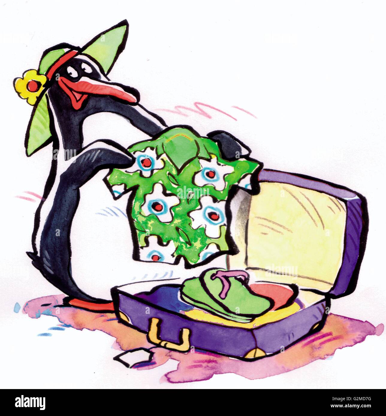 Pinguin packen Koffer vor dem Urlaub Stockfoto