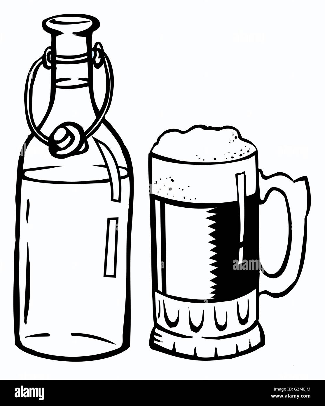Altmodische Bierflasche und Bierglas Stockfoto