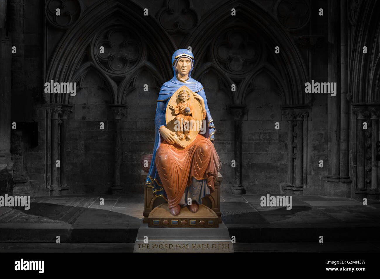 Statue von Maria und Jesus in der Marienkapelle in Kathedrale von Lincoln, England. Stockfoto