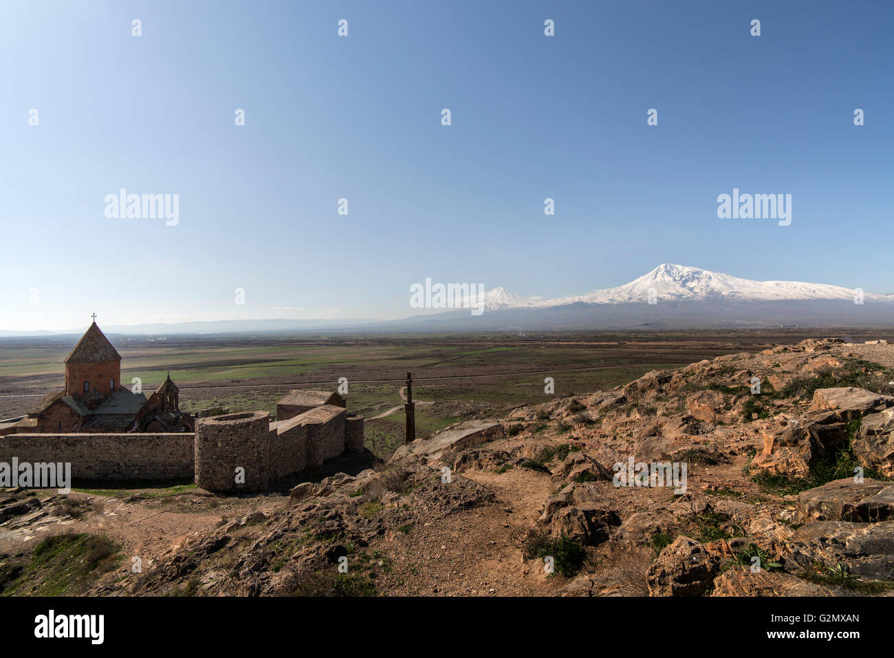 Berühmte hor virap Kloster mit Ararat Berg im Hintergrund. Armenien. Stockfoto