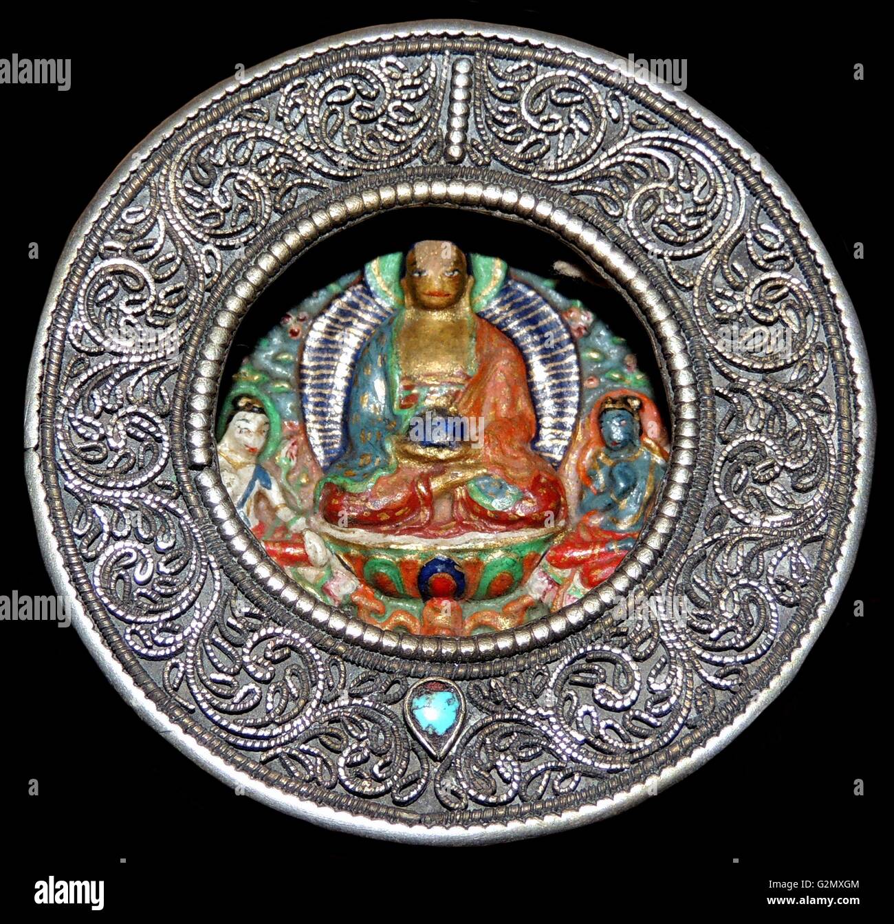 Silberne vergoldete Box mit Bild des sitzenden Buddha 18. Jh. n. Chr. Stockfoto