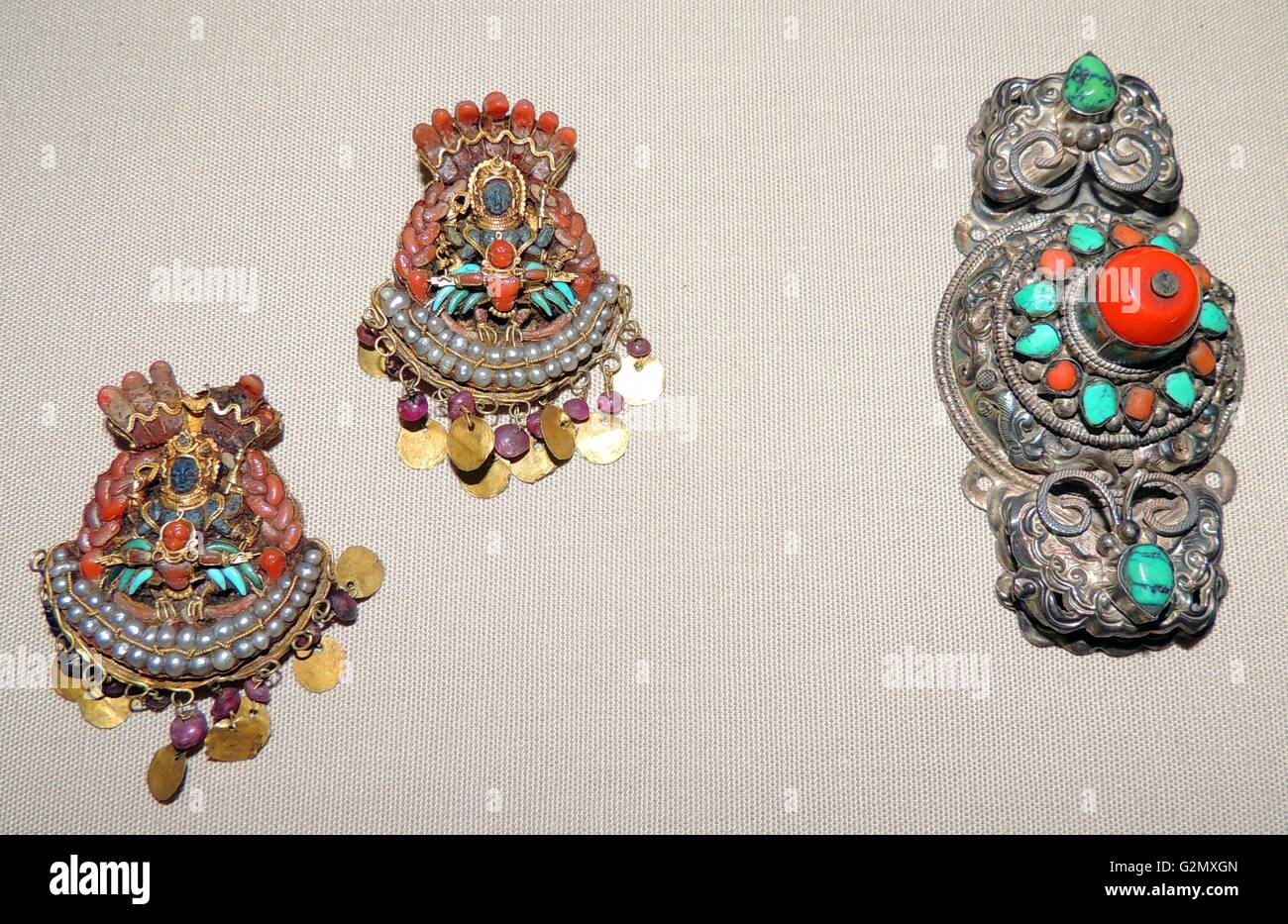 Koppelschloß, Verschluss in zwei Teile. 19. Jahrhundert AD, Osttibet. Stockfoto