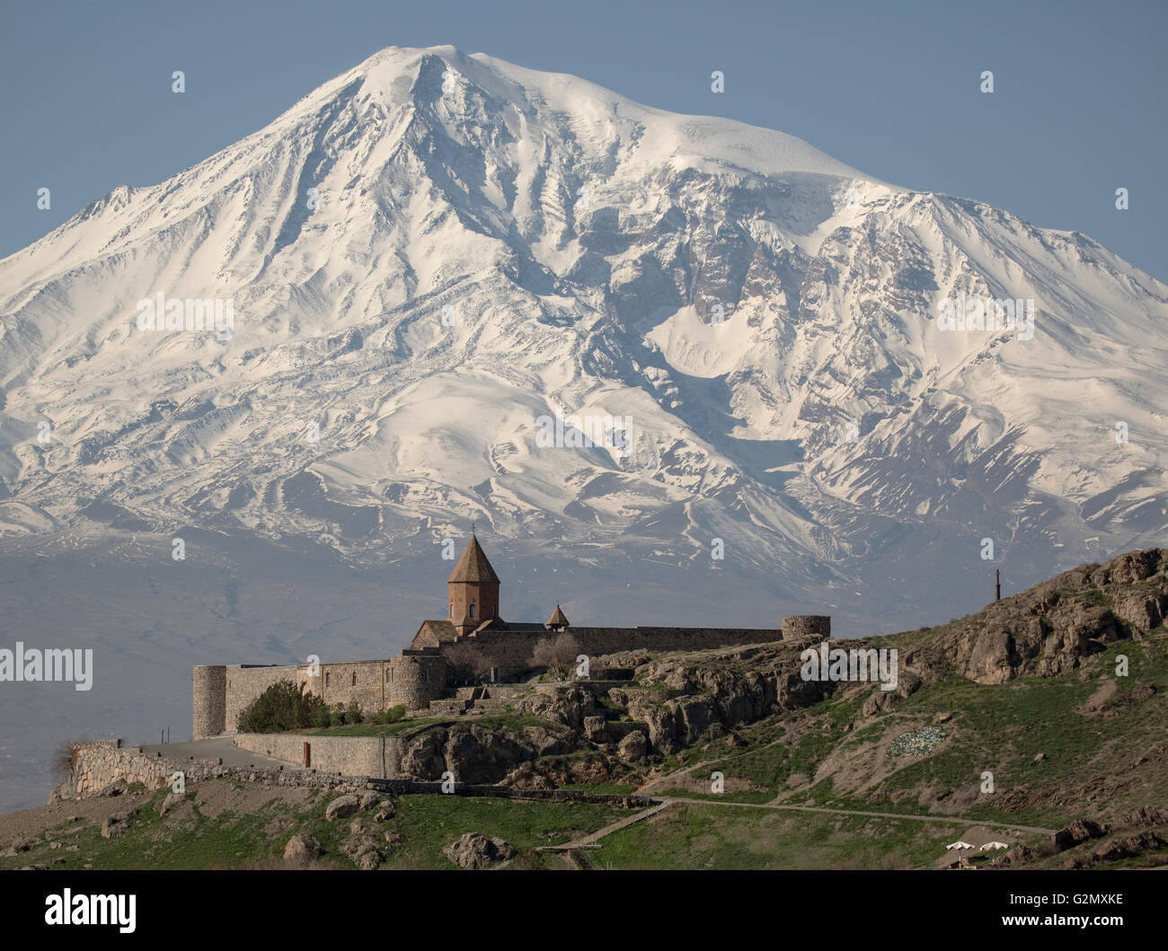 Die beste Aussicht auf Hor virap Kloster mit Ararat Berg im Hintergrund. Armenien. Stockfoto