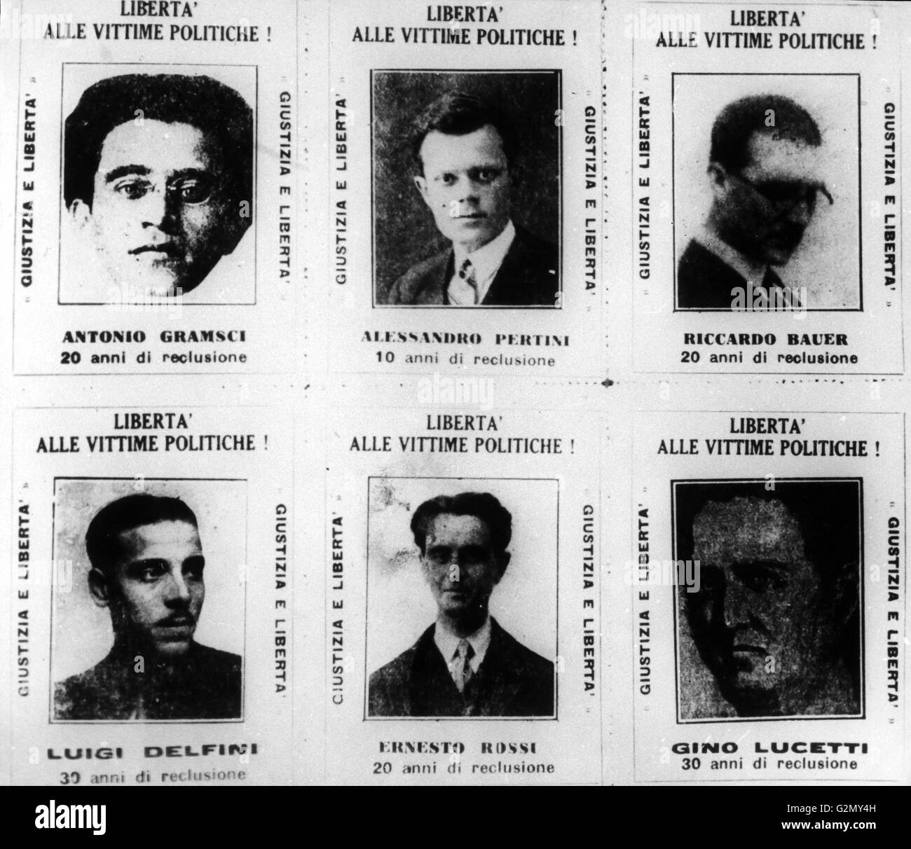 Antonio Gramsci und Sandro Pertini in einem Manifest der faschistischen Polizei Stockfoto