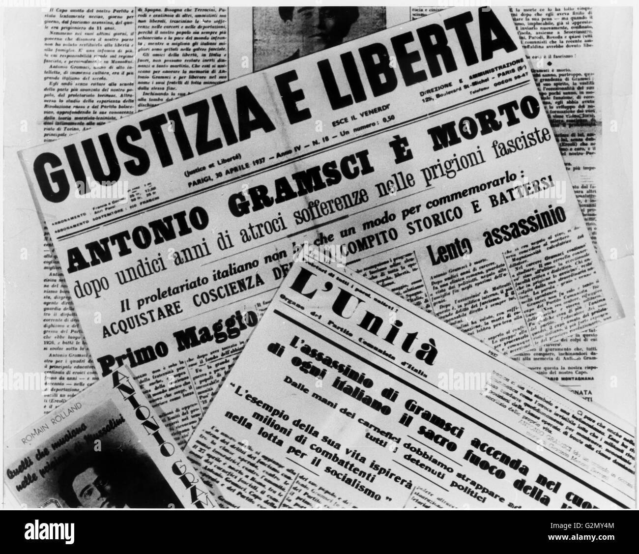 Überschrift der Zeitung verkündet den Tod von Antonio Gramsci, 1937 Stockfoto