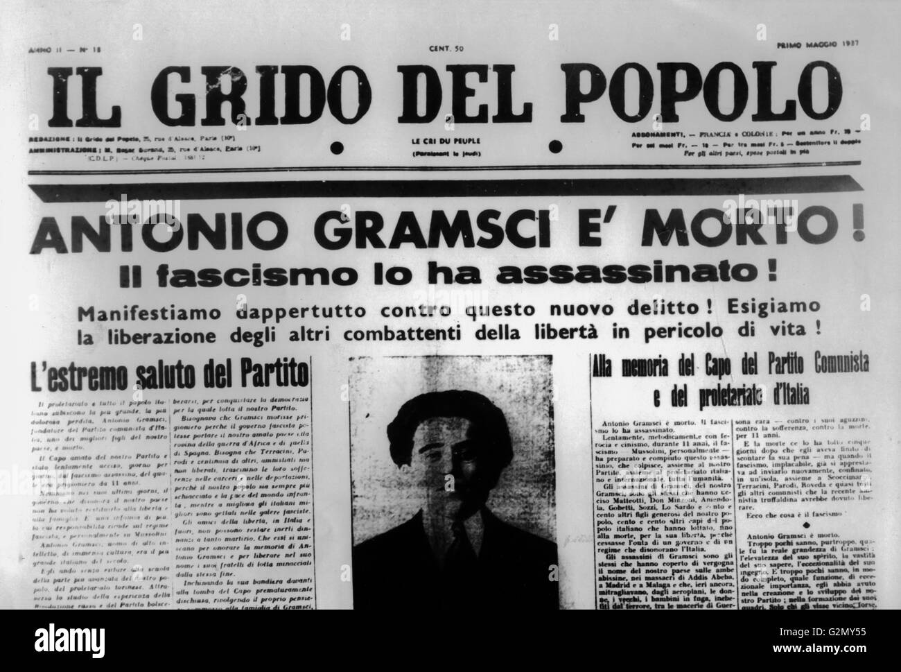 Überschrift der Zeitung verkündet den Tod von Antonio Gramsci, 1937 Stockfoto