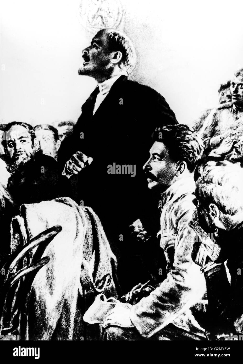 Gemälde von Lenin mit Stalin, aus dem albanischen Stempel zu Ehren der Oktoberrevolution Stockfoto