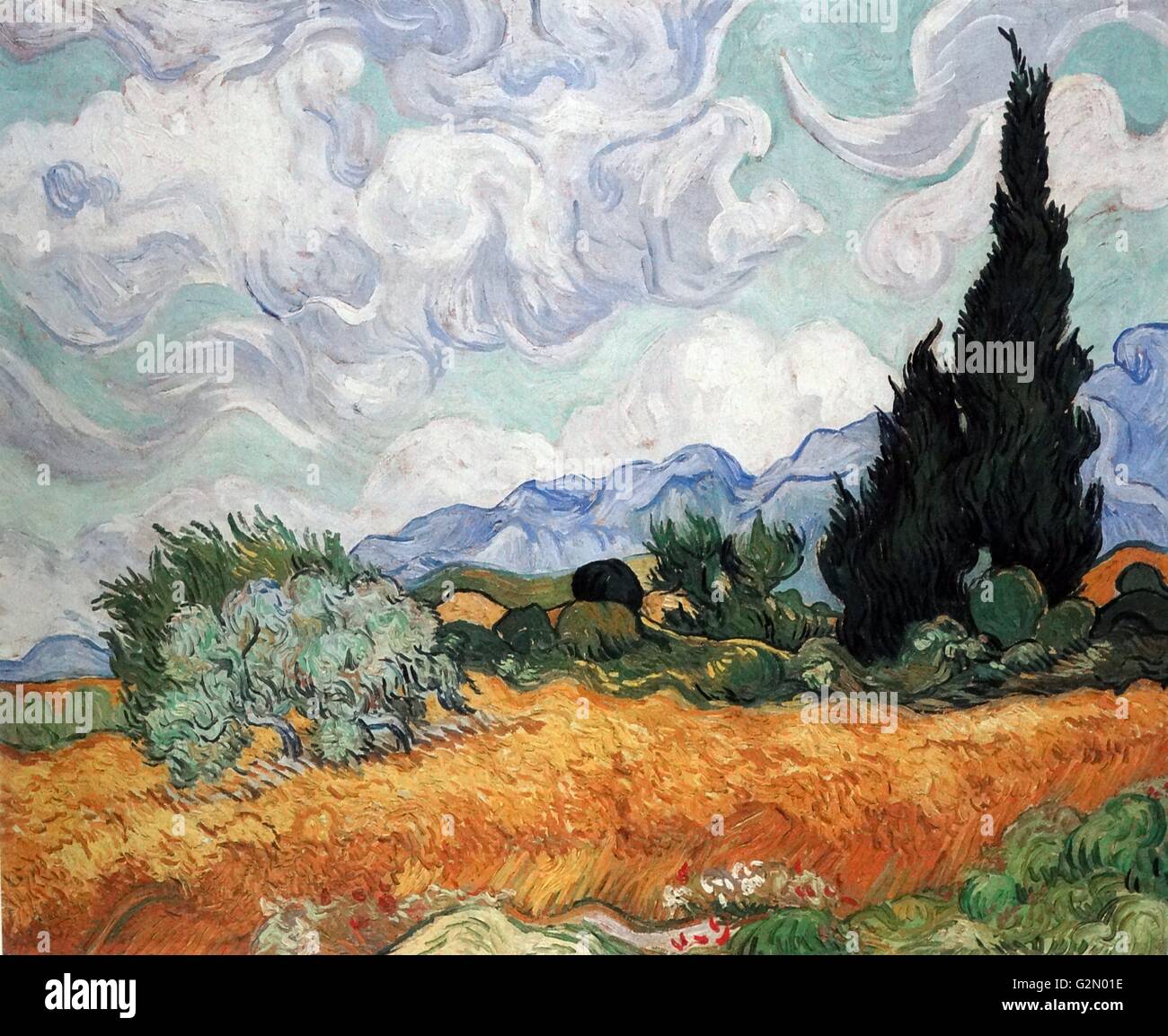 Gemälde des berühmten holländischen Malers Vincent Van Gogh (30. März 1853 - 29. Juli 1890), die Arbeit mit dem Titel "Weizenfeld mit Zypressen. Im Jahr 1889 abgeschlossen. Stockfoto