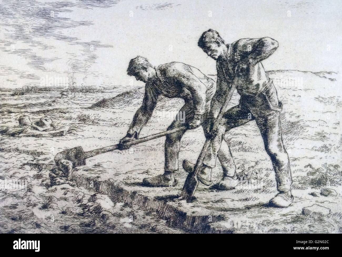 Radierung von der französische Künstler Jean-Francois Millet (4. Oktober 1814 - 20. Januar 1875), die Arbeit mit dem Titel "Die diggers". C 1886 abgeschlossen Stockfoto