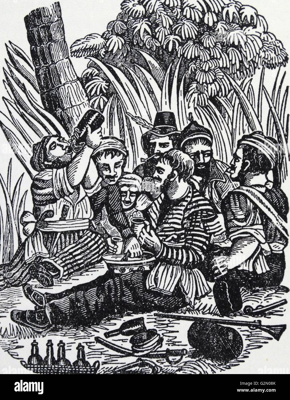 Bartholomew Roberts (17. Mai 1682 - vom 10. Februar 1722), geboren John Roberts, war ein Waliser Piraten, Schiffe aus Nord- und Westafrika zwischen 1719 und 1722 durchsucht. Bartholomew Roberts' Mannschaft am Calabar River Trinkgelagen. Die meisten der Crew waren betrunken, als die Schwalbe erschienen. Stockfoto