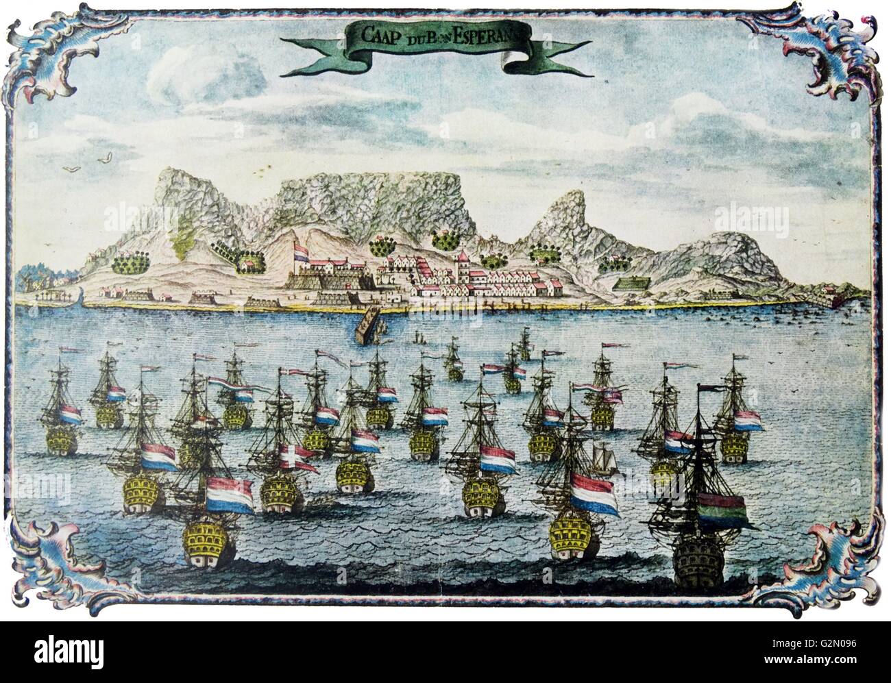 Farbige Abbildung zeigt die Niederländische Imperiale Flotte nähert sich Kapstadt, Südafrika. Vom 1680. Stockfoto