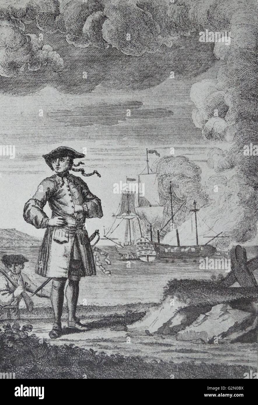 Ein 1736 Kupferstich mit der Darstellung der Pirate Edward England mit, im Hintergrund, der Kampf der Phantasie (links) und Cassandra. Edward England, geboren Edward Seegar (ca. 1685 - 1721) war ein berühmter Küste Afrikas und des Indischen Ozeans Pirat Kapitän von 1717 bis 1720. Stockfoto