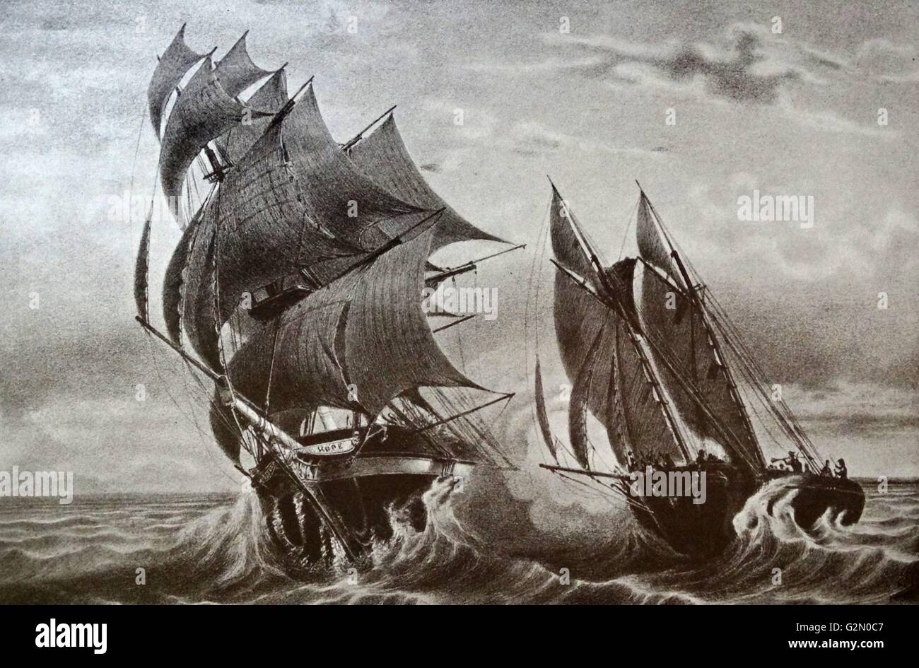 Ein Piratenschiff Schoner, unter dem Kommando von Robert Surcouf angreifen der Merchant versenden Hoffnung. 1780 Stockfoto