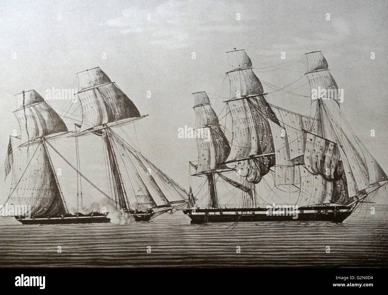 Die amerikanische Piratenschiff "die Überraschung" Erfassung der Royal Navy Schiff "der Stern" 1815. Während des Zweiten Amerikanischen Krieg Stockfoto