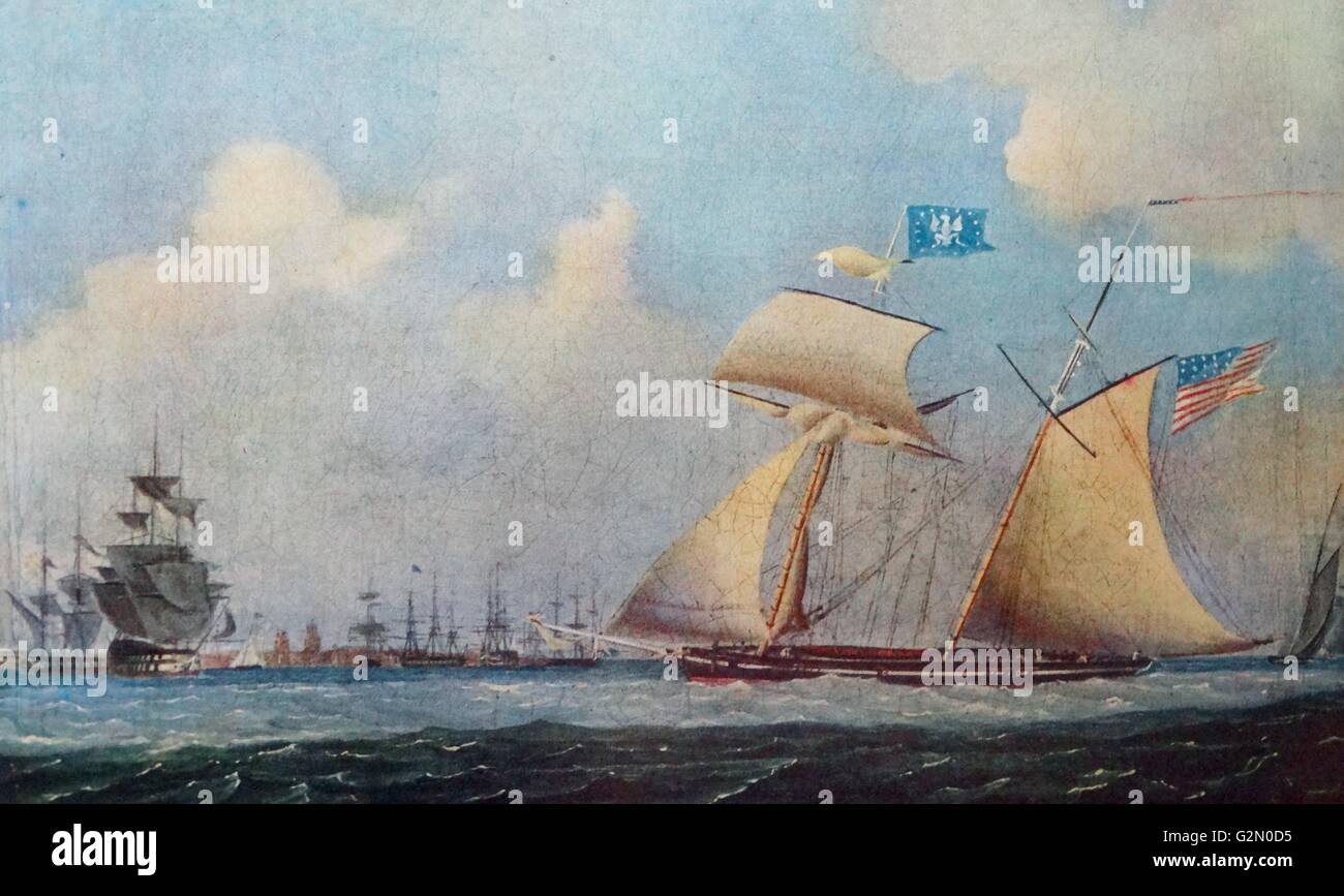 Eine amerikanische Freibeuter-Schoner und andere Schiffe in der Nähe eines Hafens von Charles Burton. gemalt: c.1815. Öl auf Leinwand an Bord Stockfoto