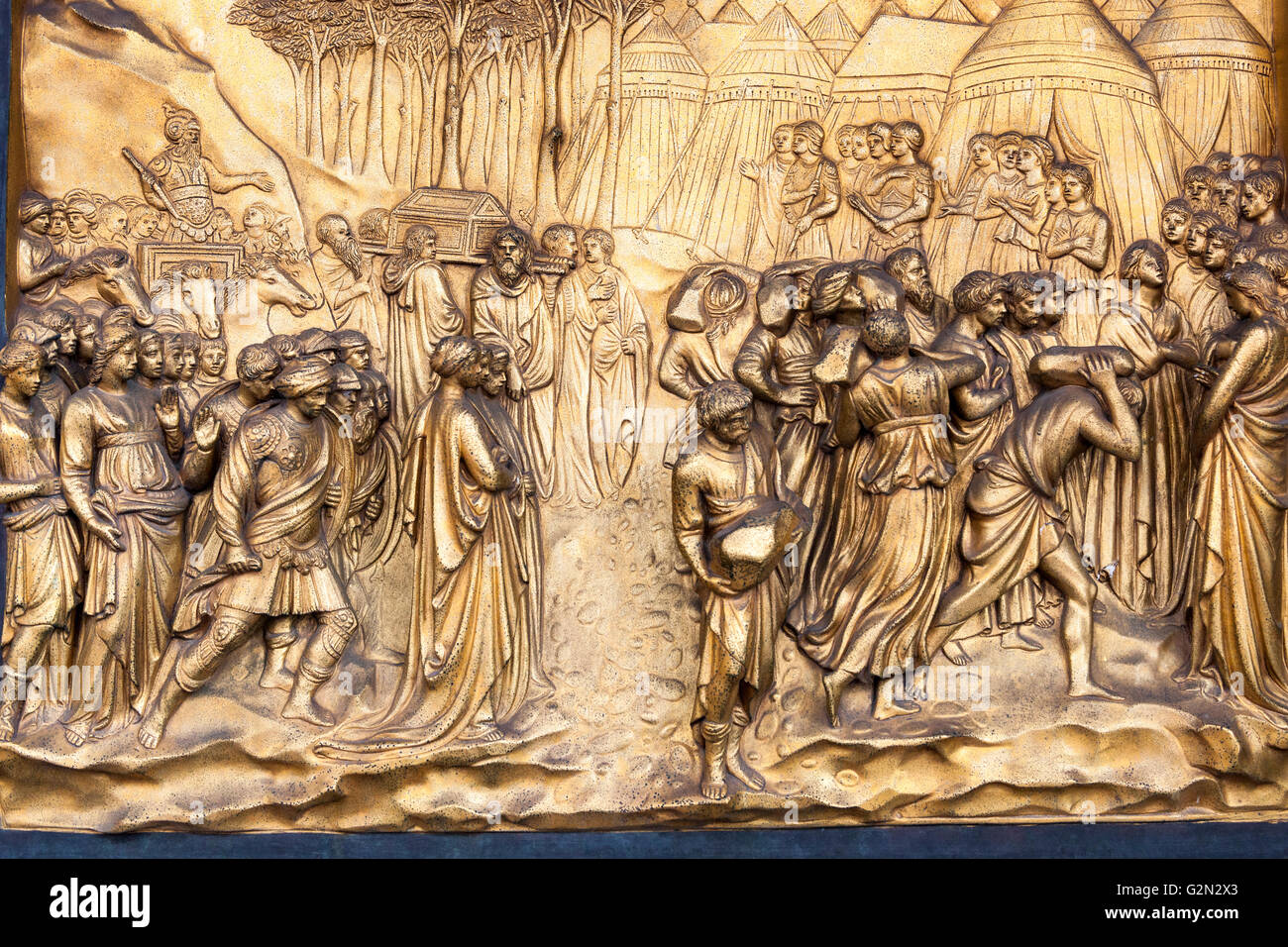 Florenz Baptisterium, Fall von Jericho Bronze-Panel, Osten Türen, Tore des Paradieses von Lorenzo Ghiberti, Florenz, Italien Stockfoto