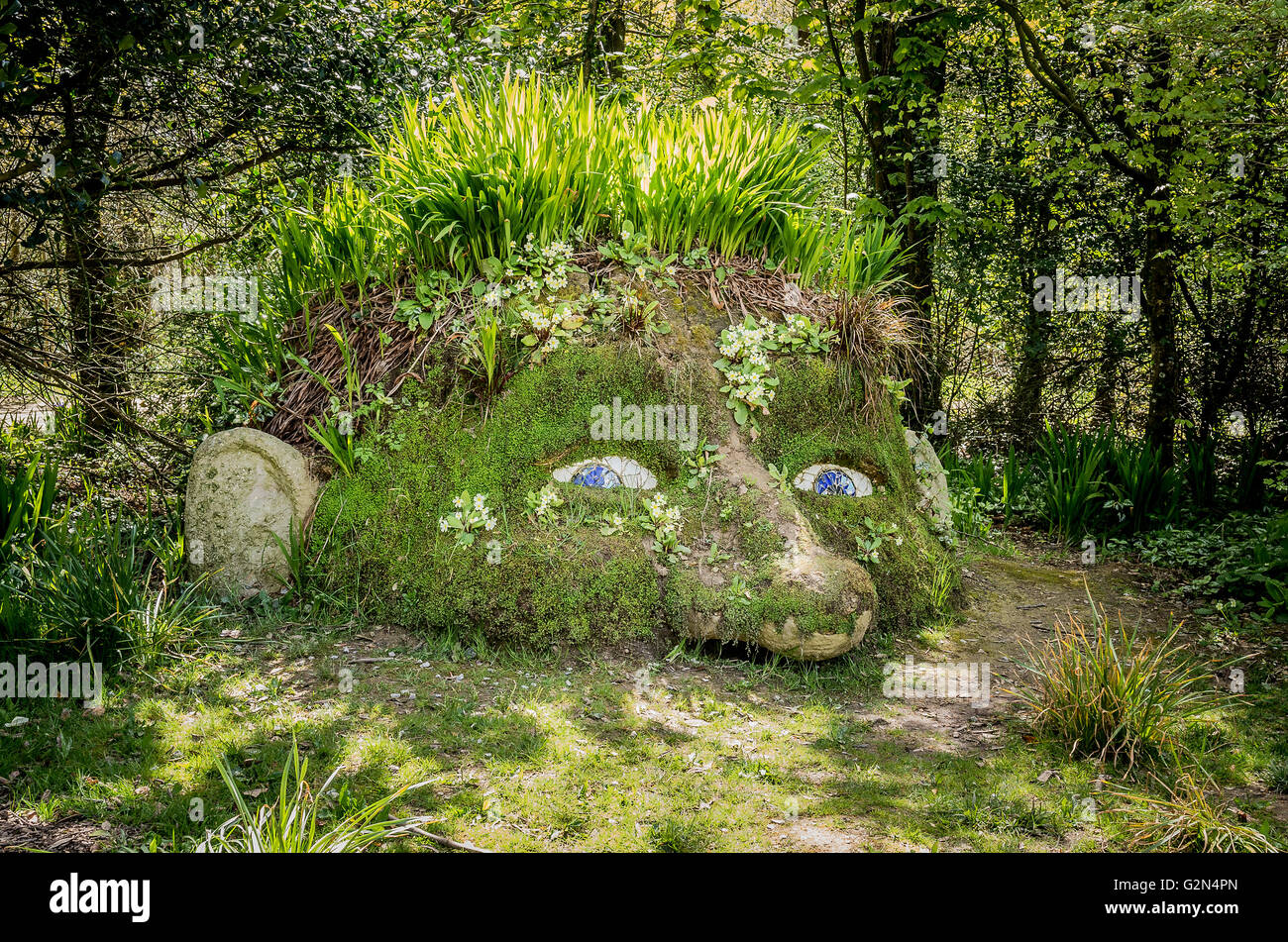 Riesen Kopf ein Stück Garten künstlerische Kreativität in Heligan Gärten Stockfoto