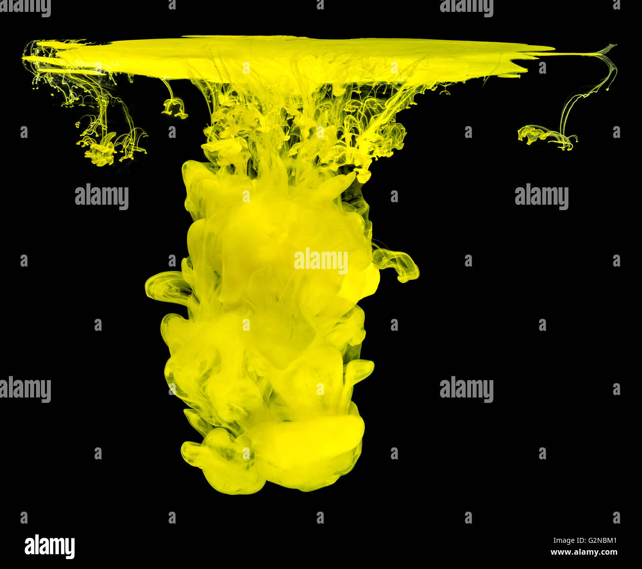 Gelbe Tinte im Wasser, die abstrakte Form, auf schwarzem Hintergrund isoliert Stockfoto