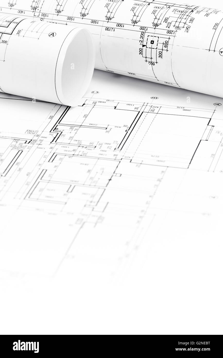 architektonischen Hintergrund mit Grundrissen und gewalzten technische Zeichnungen Stockfoto