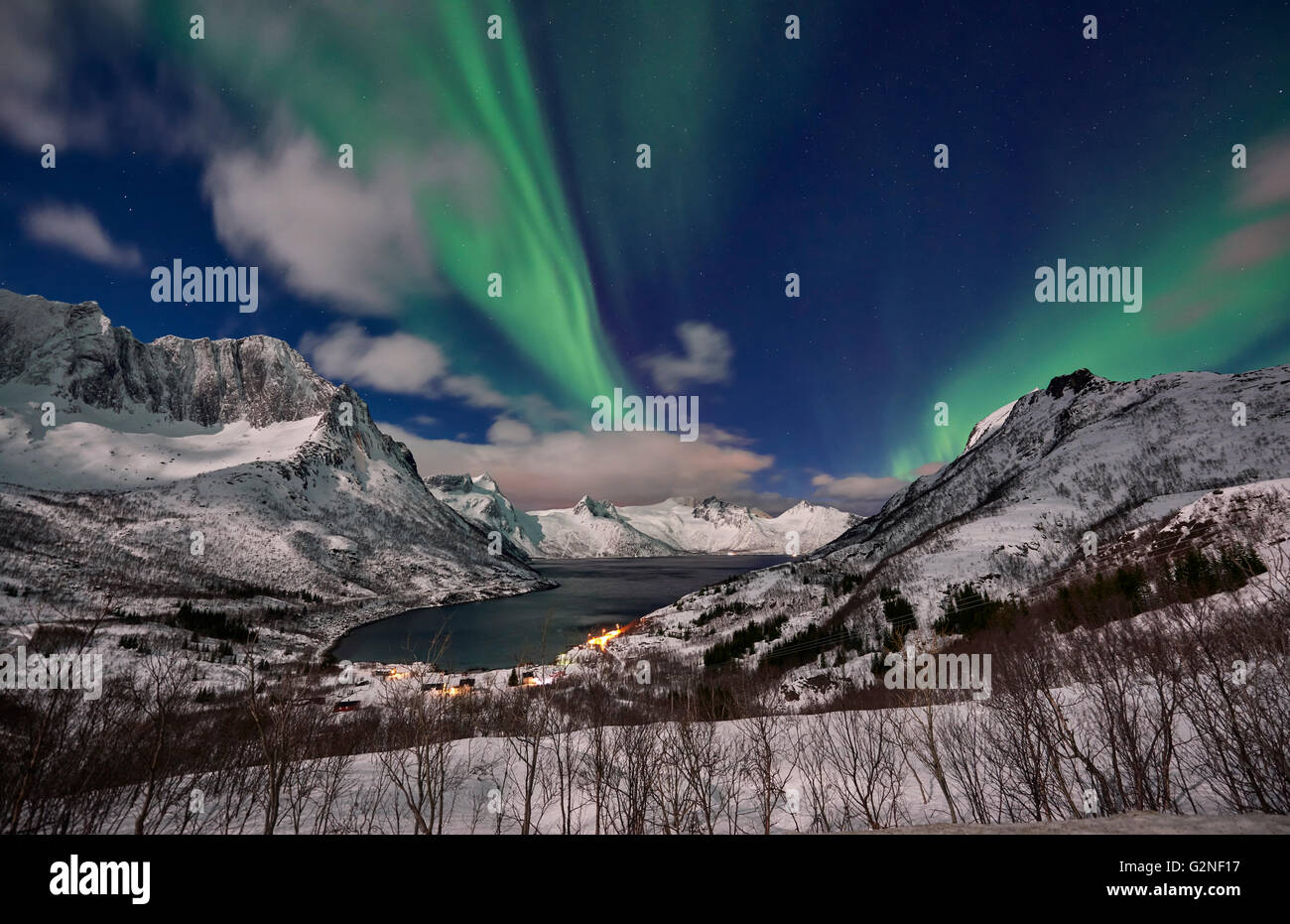 Aurora Borealis oder das Nordlicht über verschneite Winterlandschaft im Fjord von Mefjorden, Senja, Troms, Norwegen, Europa Stockfoto