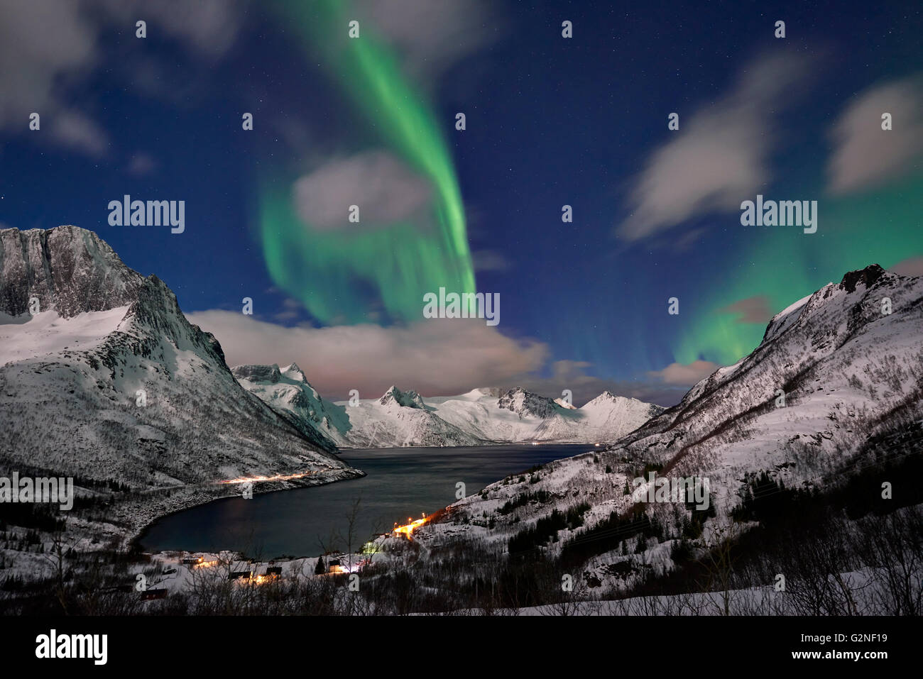 Aurora Borealis oder das Nordlicht über verschneite Winterlandschaft im Fjord von Mefjorden, Senja, Troms, Norwegen, Europa Stockfoto