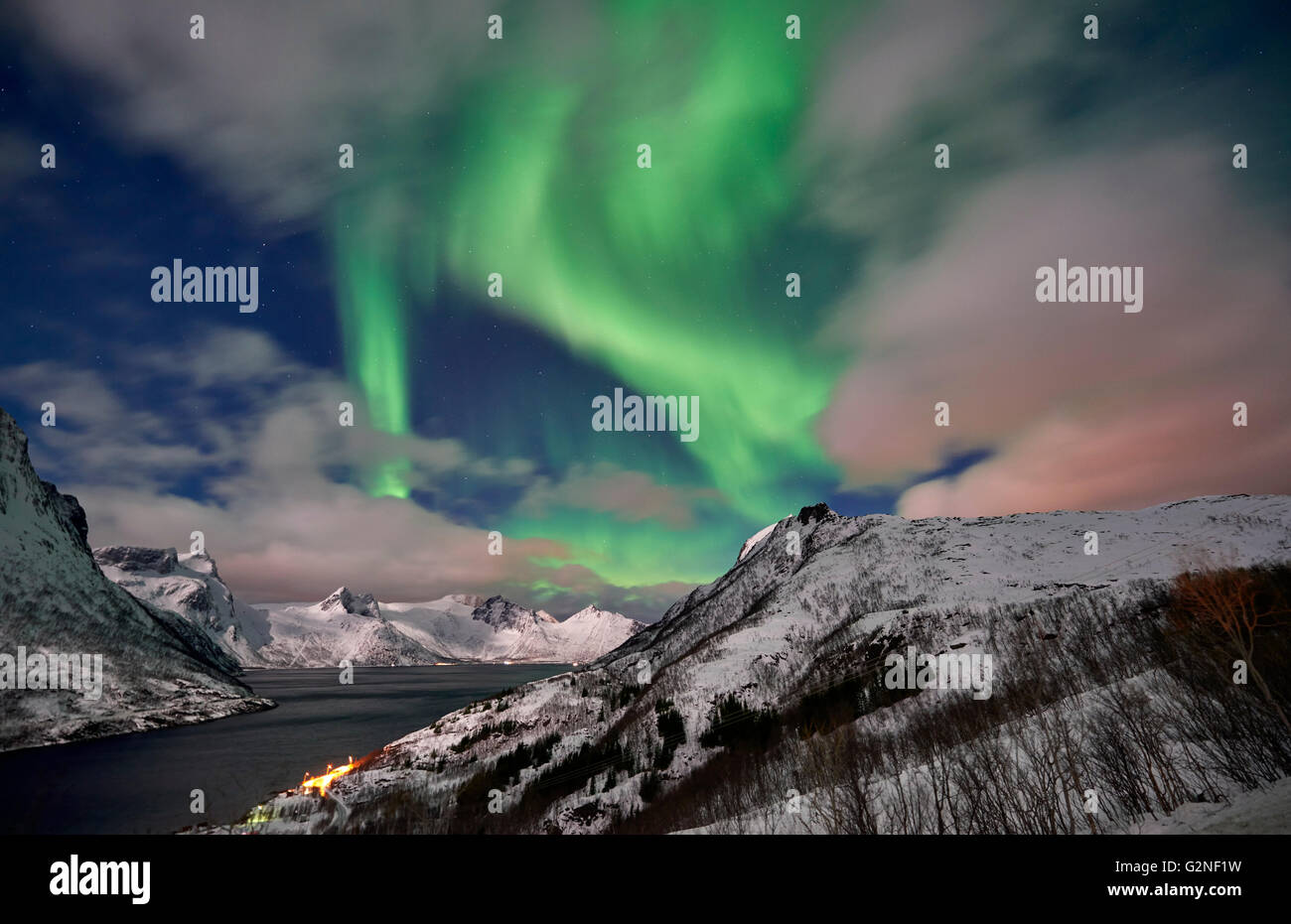 Aurora Borealis oder das Nordlicht über verschneite Winterlandschaft im Fjord von Mefjorden, Senja, Troms, Norwegen, Europa Stockfoto