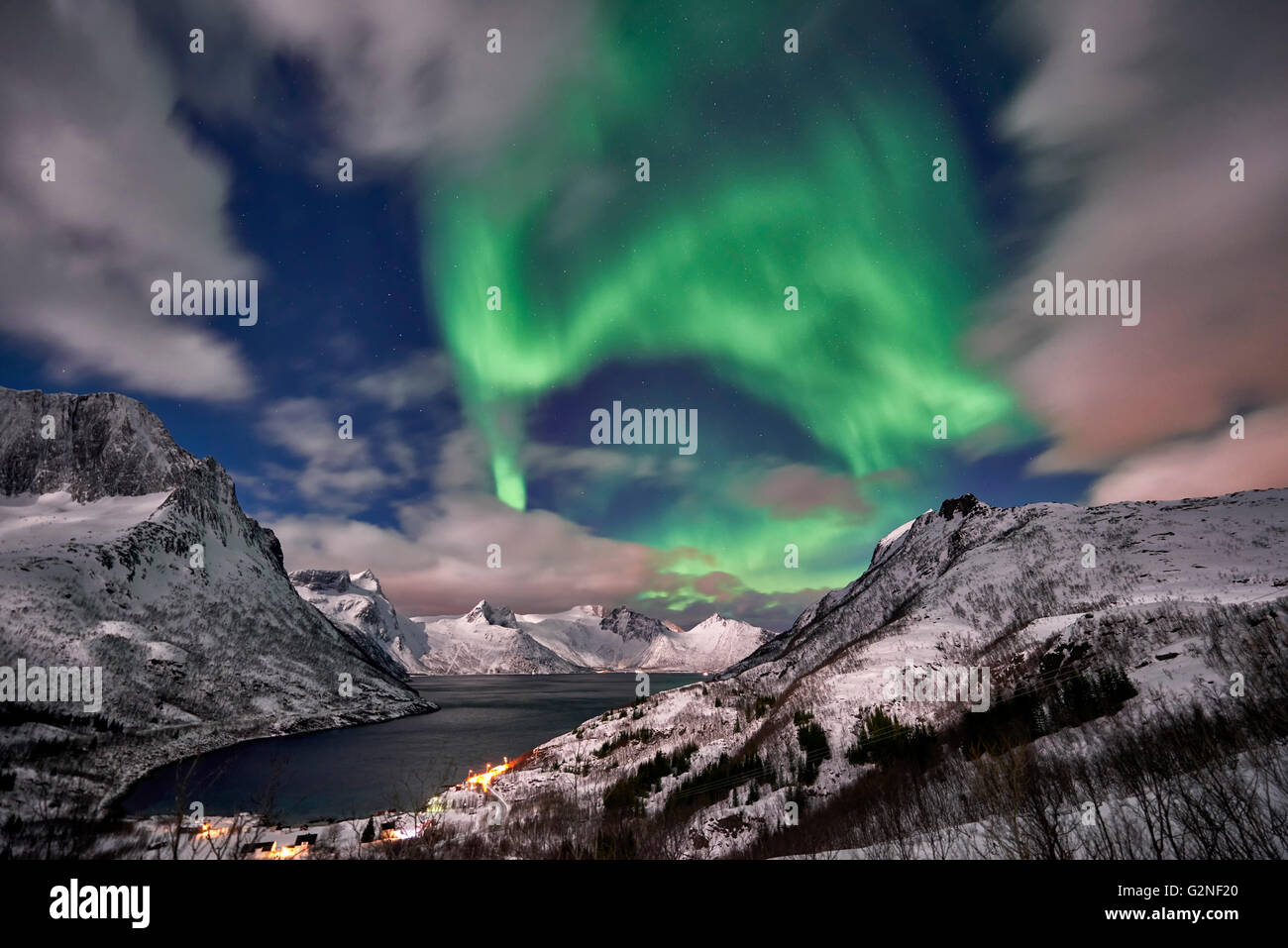 Aurora Borealis oder das Nordlicht über verschneite Winterlandschaft im Fjord von Mefjorden, Senja, Troms, Norwegen, Europa Stockfoto