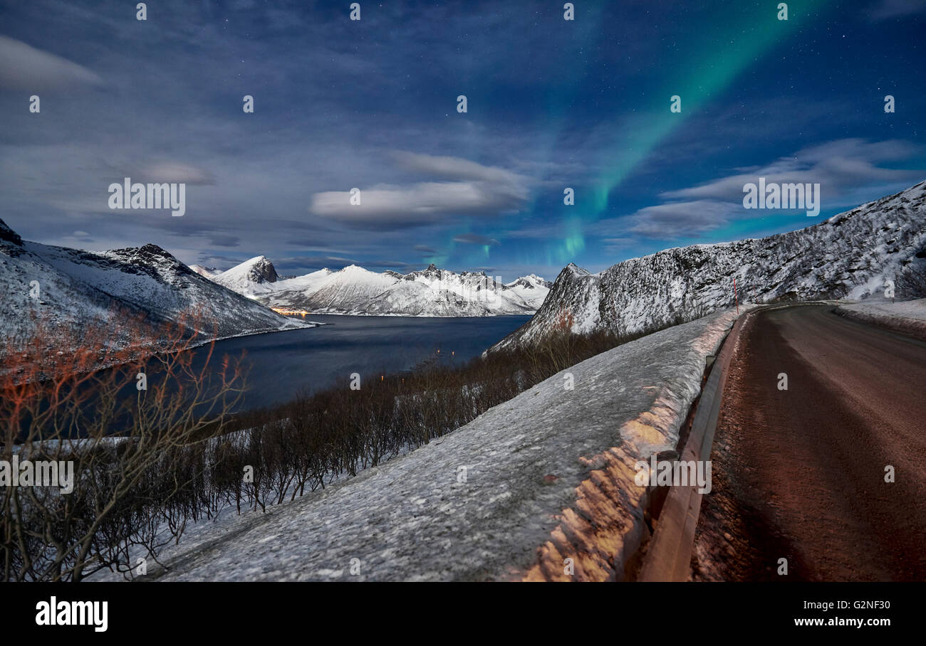 Aurora Borealis oder das Nordlicht über Winter Landschaft im Fjord Husøy ich Senja, Nachtaufnahme mit Mondlicht, Senja, Norwegen Stockfoto