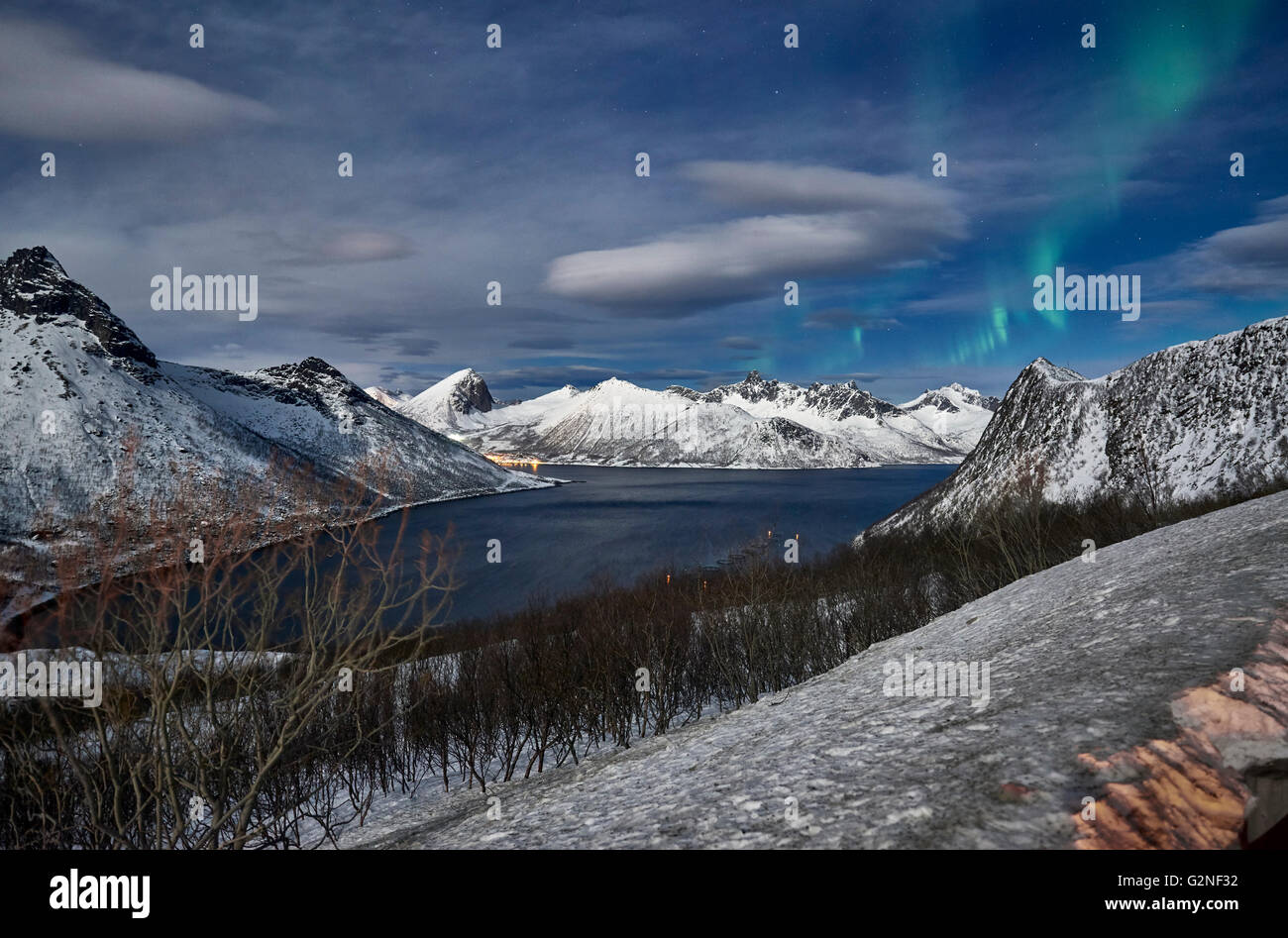 Aurora Borealis oder das Nordlicht über Winter Landschaft im Fjord Husøy ich Senja, Nachtaufnahme mit Mondlicht, Senja, Norwegen Stockfoto