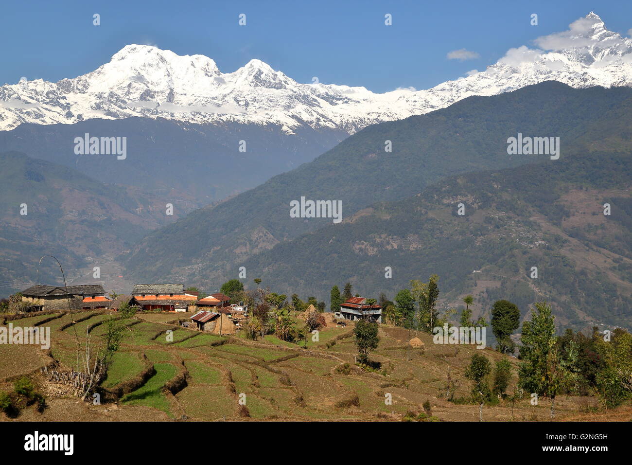 Gesehen von Annapurna Ausläufern in der Nähe von Dhampus, Pokhara, Nepal Himalaya-Gebirge Stockfoto