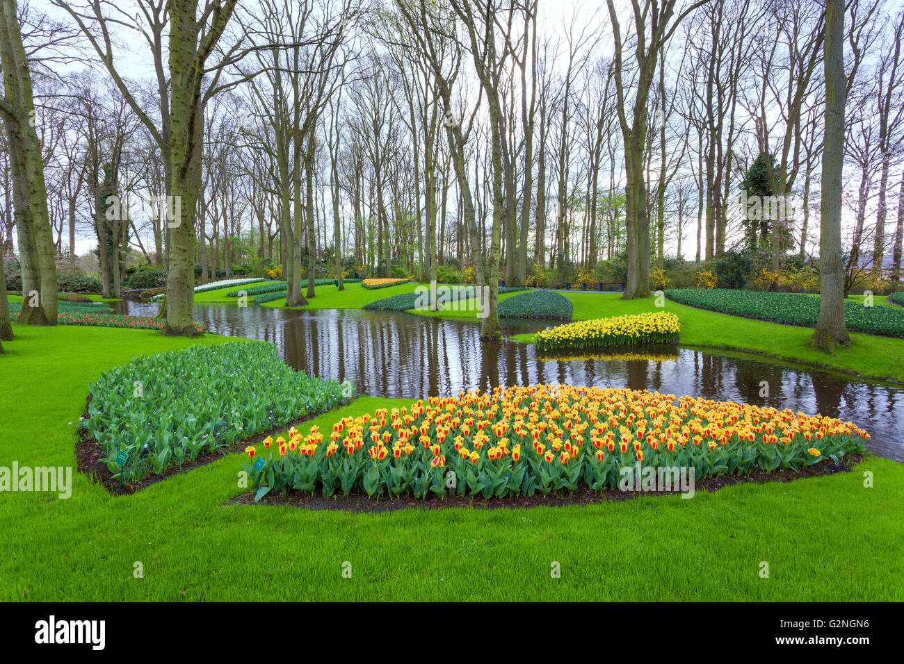 Landschaft mit blühenden Blumen und Wasserstrom in weltberühmten Keukenhof-Park in Niederlande. Frühlingsgarten. Natur Stockfoto