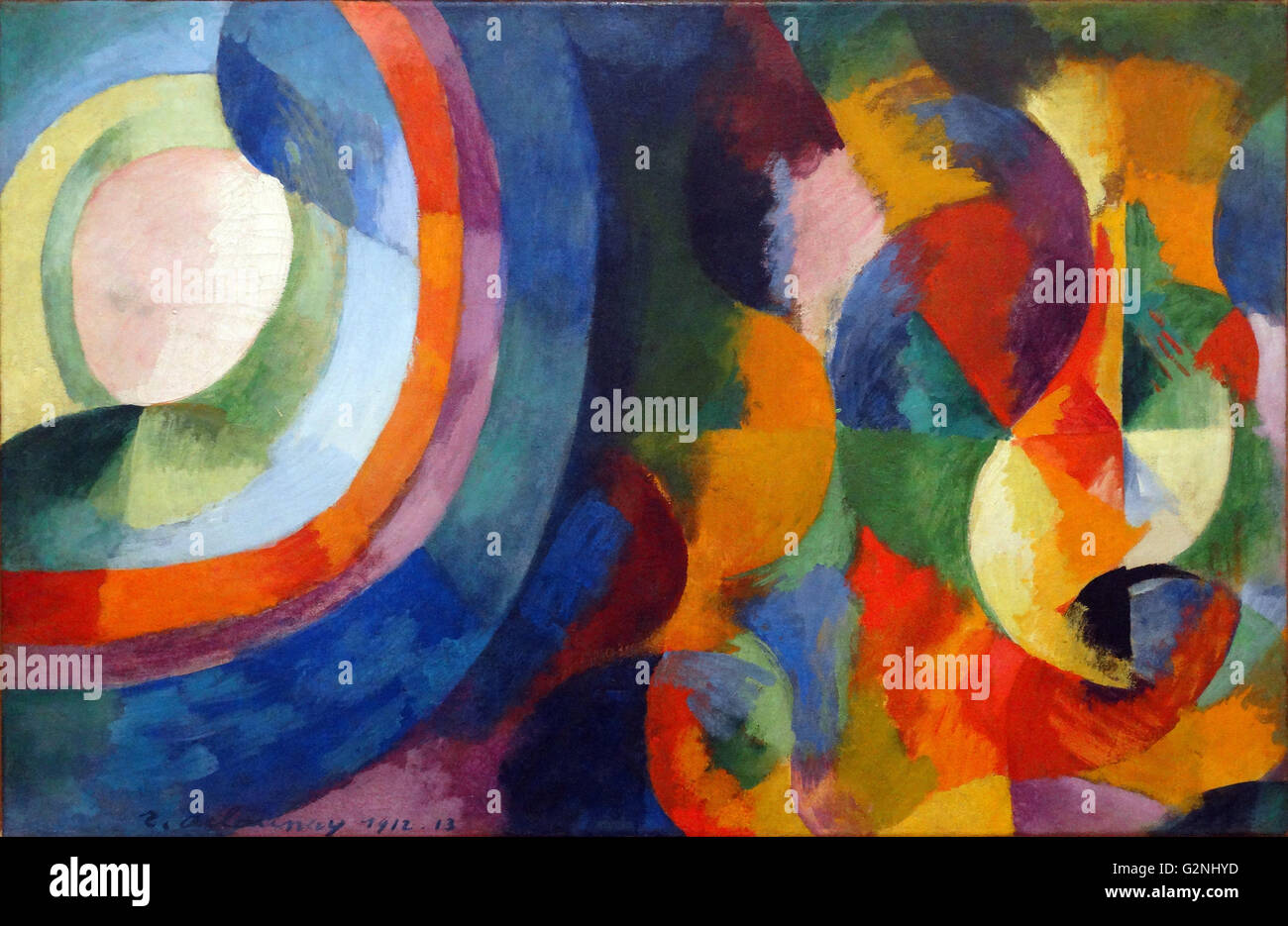 Runde Formen, Sonne, Mond, die von Robert Delaunay (1885-1941) war ein französischer Künstler, der mit seiner Frau Sonia Delaunay und andere, der orphiker Kunst Bewegung filmphilharmonie", bekannt für seine Verwendung von starken Farben und geometrische Formen. Seine späteren Werke abstrakter, erinnert an Paul Klee. Stockfoto