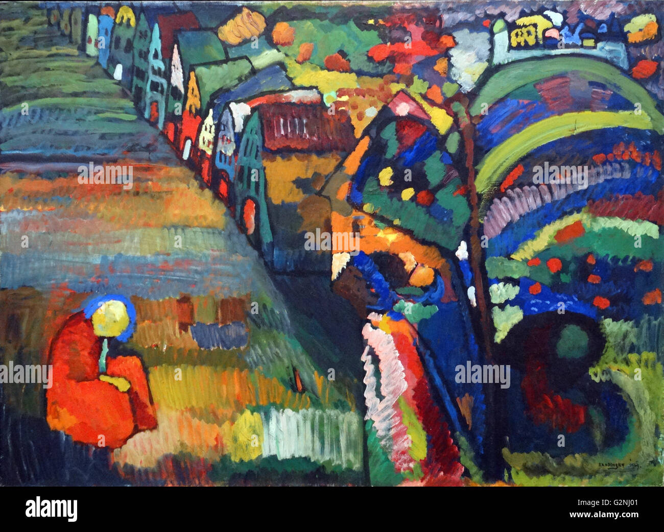 Malen mit Häuser (Öl auf Leinwand) von Wassily Kandinsky (1866-1944) einen einflussreichen russischen Maler und Kunsttheoretiker. Er ist mit der Malerei der ersten rein abstrakten Werke gutgeschrieben. Stockfoto