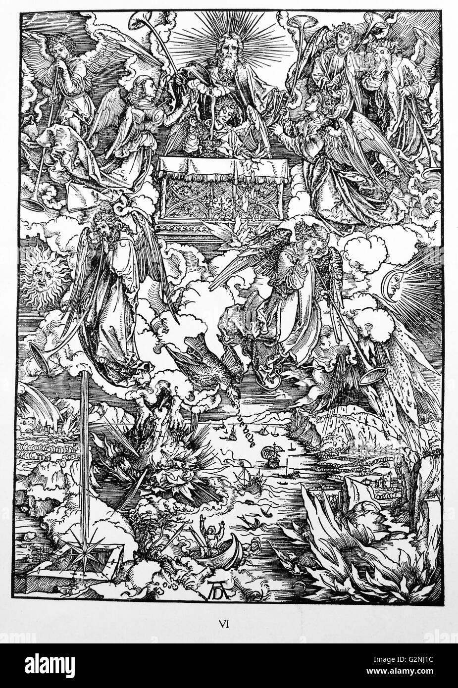 Martin Luther: Vorwort zu der Offenbarung des Johannes (1522): Vorrede zur Offenbarung Johannes (1522). Apokalypse in Zahlen; Holzschnitt von Albrecht Dürer; letztes Urteil Stockfoto