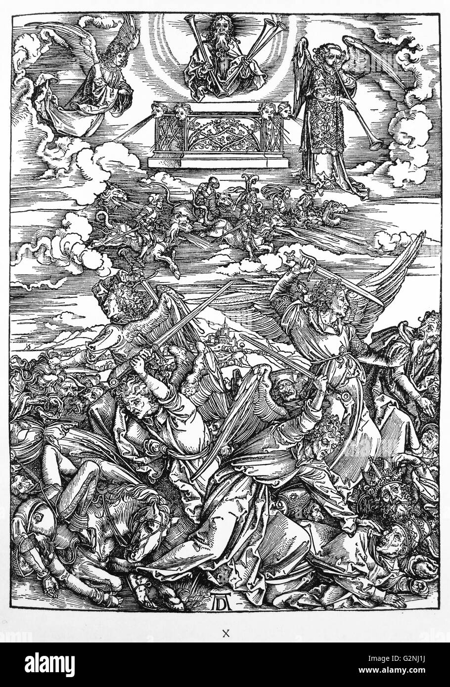 Martin Luther: Vorwort zu der Offenbarung des Johannes (1522): Vorrede zur Offenbarung Johannes (1522). Apokalypse in Zahlen; Holzschnitt von Albrecht Dürer; der Kampf der Engel (vier Racheengel des Euphrat). Die Offenbarung des Johannes (Apokalypse, VII. Abbildung). Stockfoto