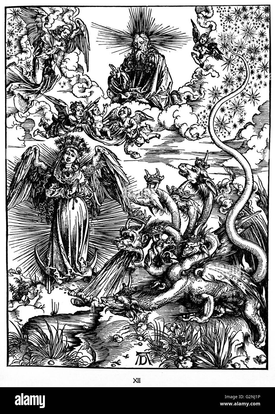 Martin Luther: Vorwort zu der Offenbarung des Johannes (1522): Vorrede zur Offenbarung Johannes (1522). Apokalypse in Zahlen; Holzschnitt von Albrecht Dürer; die Frau, mit der Sonne bekleidet und die Sieben-Drachen. Die Offenbarung des Johannes (Apokalypse, IX. Abbildung) Stockfoto