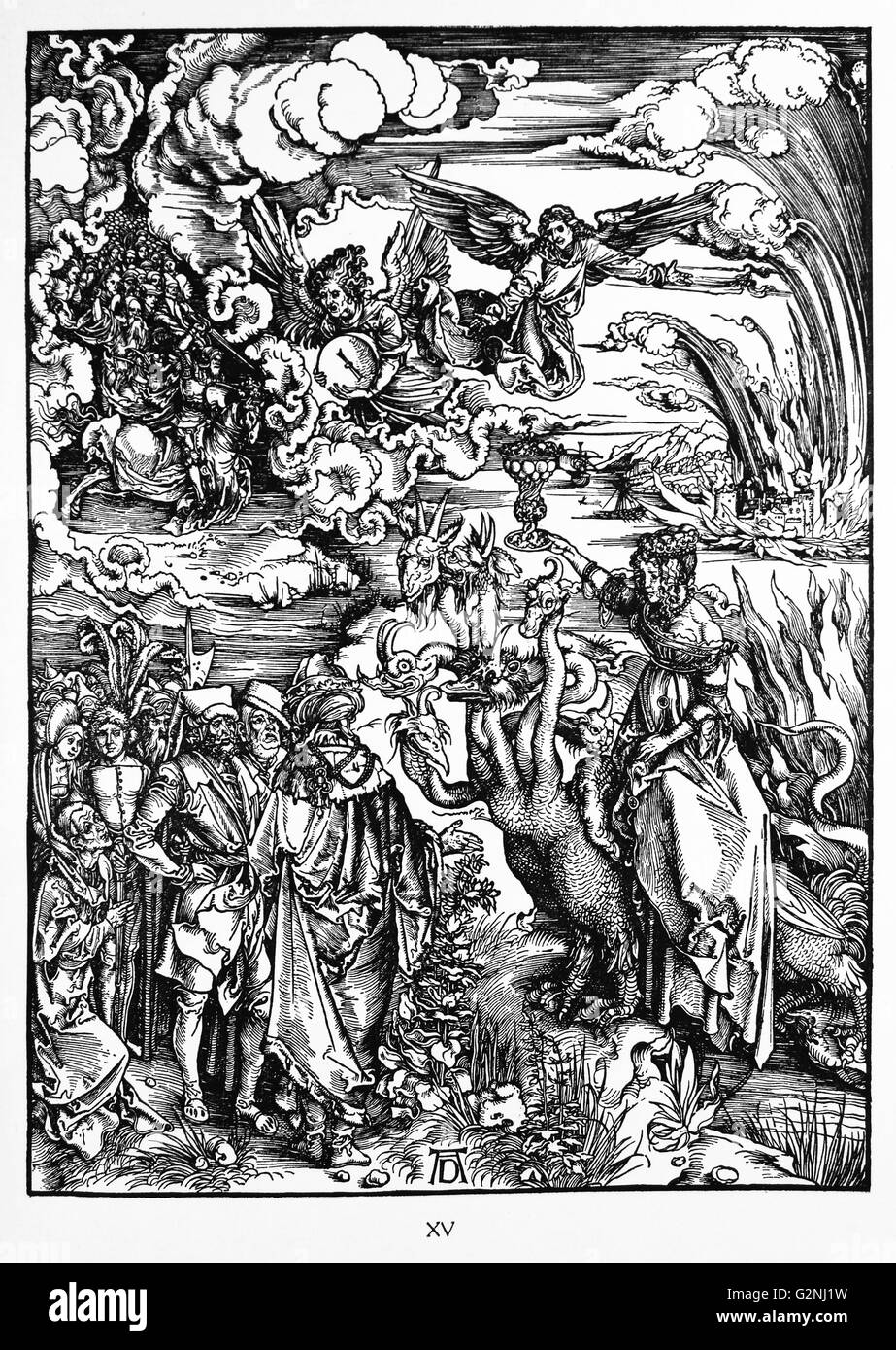 Martin Luther: Vorwort zu der Offenbarung des Johannes (1522): Vorrede zur Offenbarung Johannes (1522). Apokalypse in Zahlen; Holzschnitt von Albrecht Dürer; die Offenbarung des Johannes: 14. Die Hure von Babylon. Stockfoto