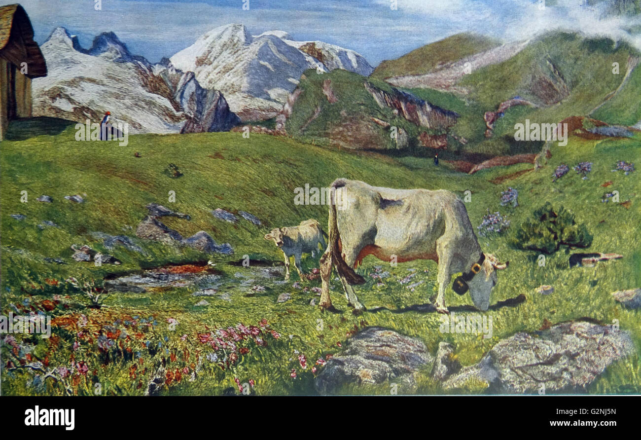 Frühling Weide, 1896, von Giovanni Segatini, (1858-1899), italienischer Maler bekannt für seine großen pastoralen Landschaft der Alpen. Im späteren Leben er kombiniert eine divisionismus Malweise mit Symbolistischen Bilder der Natur. Er war aktiv in der Schweiz für die meisten seines Lebens. Stockfoto