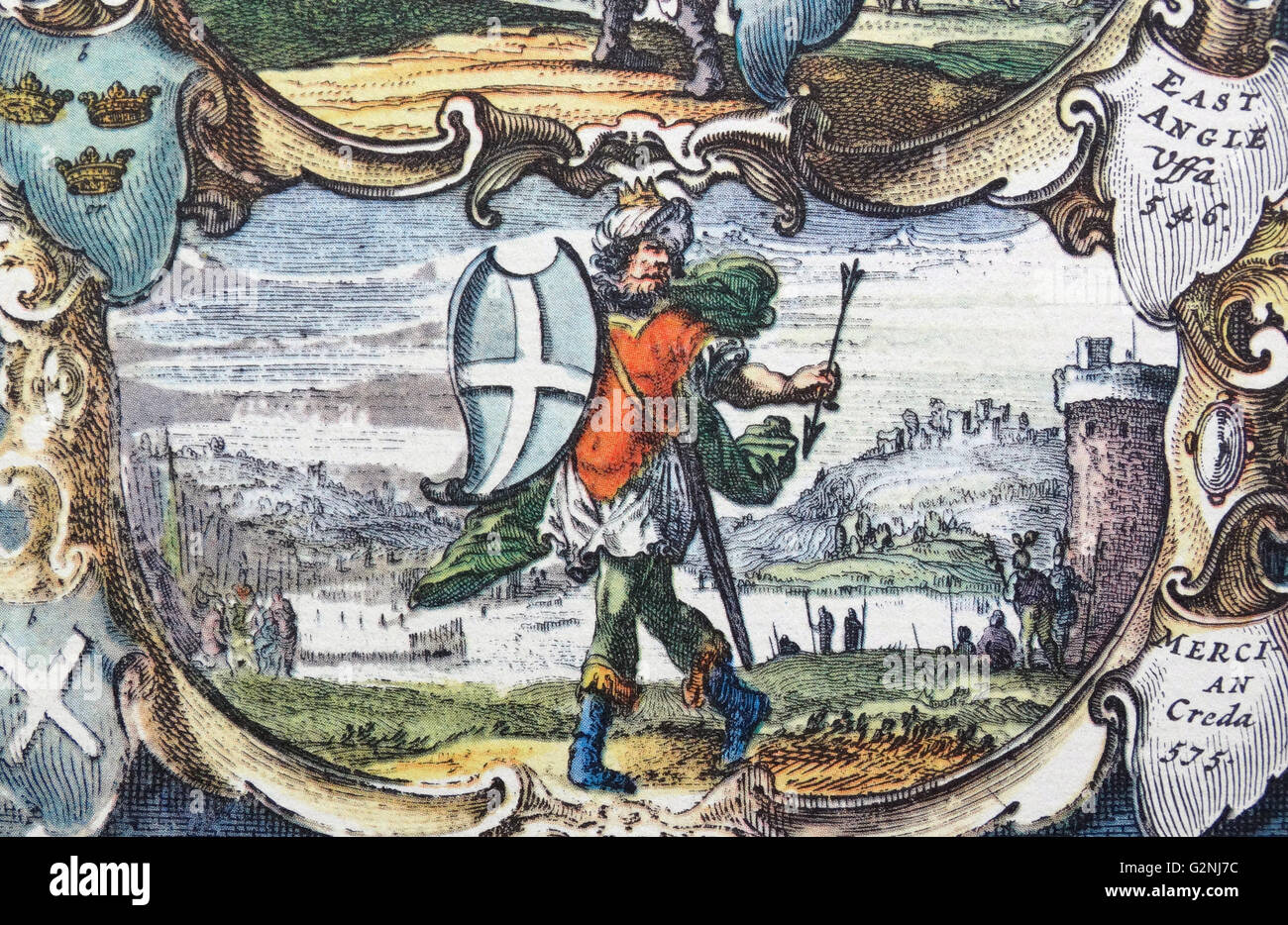 (Creoda Cryda oder Cryda, 6.Jh.) mag der erste König des angelsächsischen Königreichs Mercia gewesen. Das Königreich Mercia war ein Zustand in den englischen Midlands Vom 6. Jahrhundert bis zum 10.. Detail aus einem antiken Karte von Großbritannien, von der holländischen Kartographen Willem Blaeu Atlas Novus (Amsterdam 1635) Stockfoto