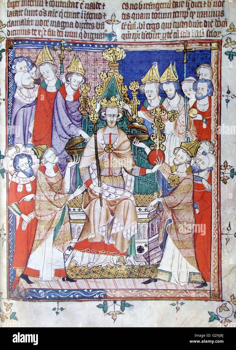 Manuskriptillumination Darstellung der Angst Ritus der Krönung von einem englischen Coronation Ordo. Der König wird geglaubt, King Edward werden II. Vom 13. Jahrhundert Stockfoto