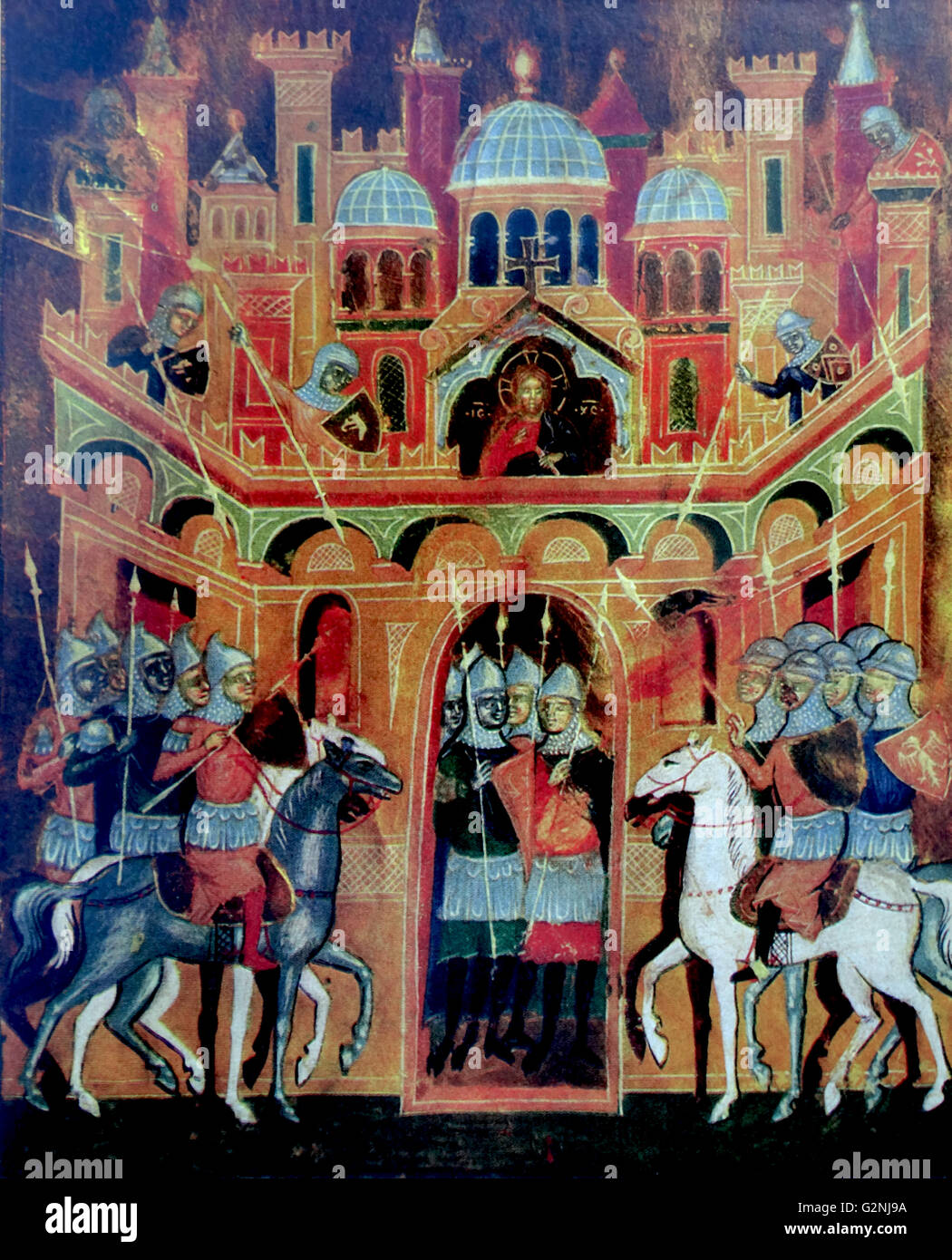 Venezianische Miniatur mit der Darstellung der Heiligen Krieg auf Jerusalem. Auch bekannt als, die Belagerung von Jerusalem, im Juli 1099 fand in Sieg für die Kreuzfahrer und der Gründung des Königreichs Jerusalem. Vom 13. Jahrhundert Stockfoto