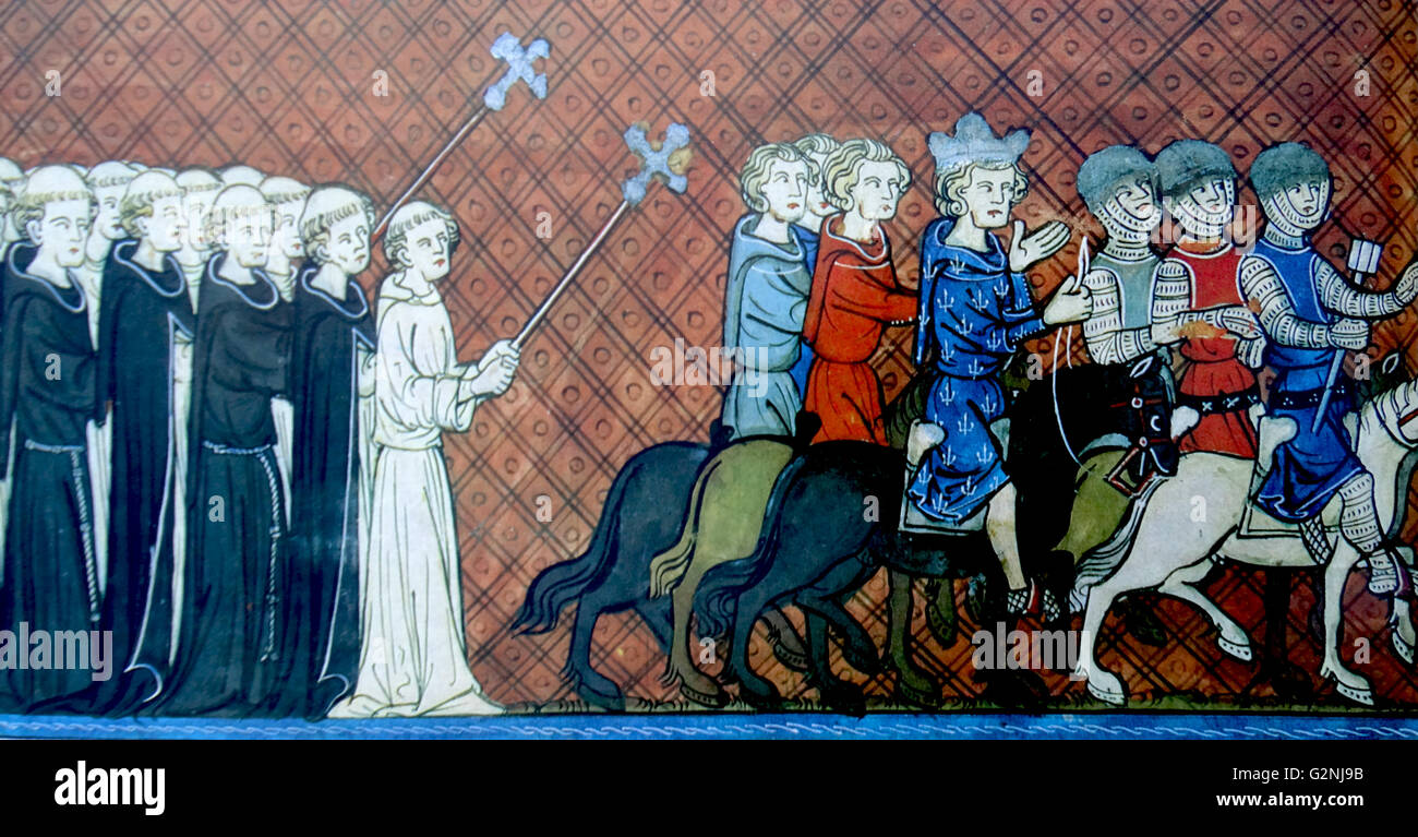 Das Manuskript schildert St Louis, König von Frankreich, Paris, eine Prozession der Mönche. 8 Wochen nach seiner Abreise aus Paris, die er von der Pest starb. Vom 13. Jahrhundert Stockfoto